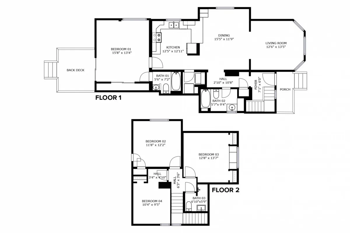 A sweeping view showing the interconnected kitchen, living room, and dining room, with glimpses of the back deck and porch. The layout is open and cohesive, ideal for entertaining and family gatherings, with modern furnishings and plenty of natural light.