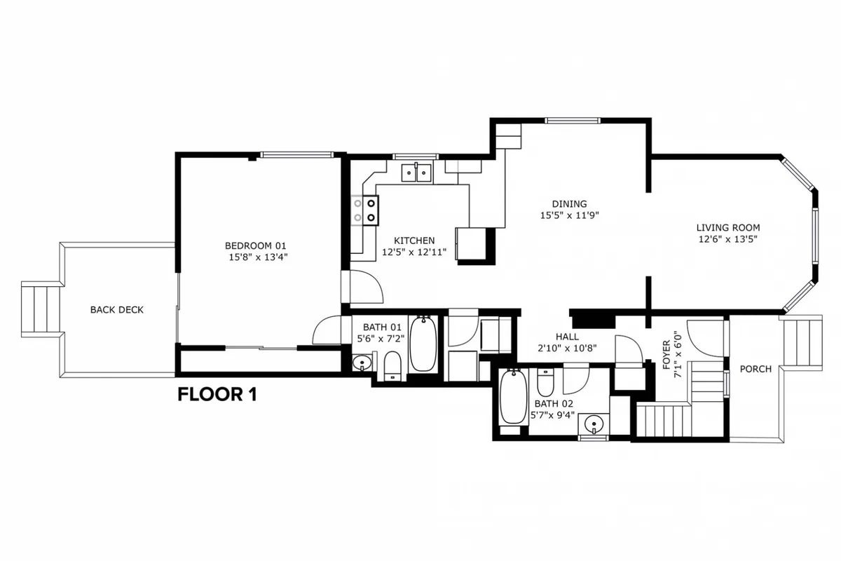 A broad interior view encompassing the kitchen, living room, dining area, bedroom, and back deck, showcasing communal spaces perfect for dining, entertaining, and relaxing after local outings.